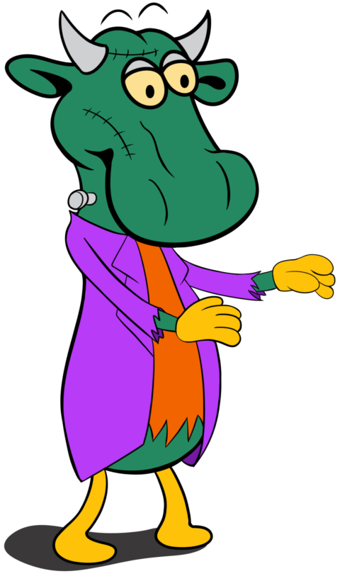 The Mike's Country Meats cow dressed as Frankenstein's monster, with neck bolts and a torn purple coat